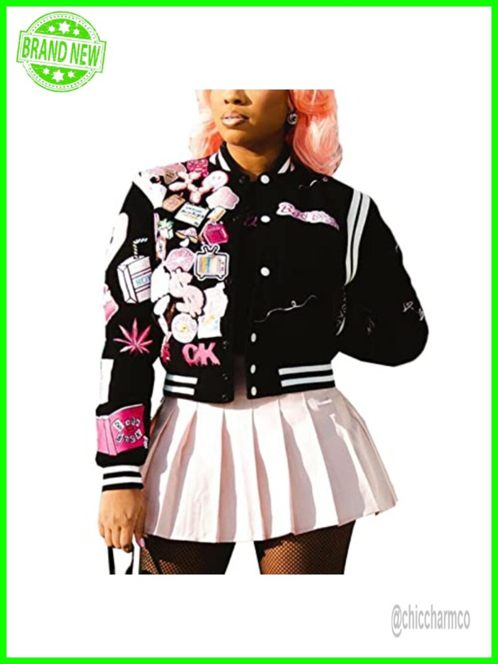 Vintage Cropped Varsity Jacket Women Letterman Patch Striped Hem Casual Coat